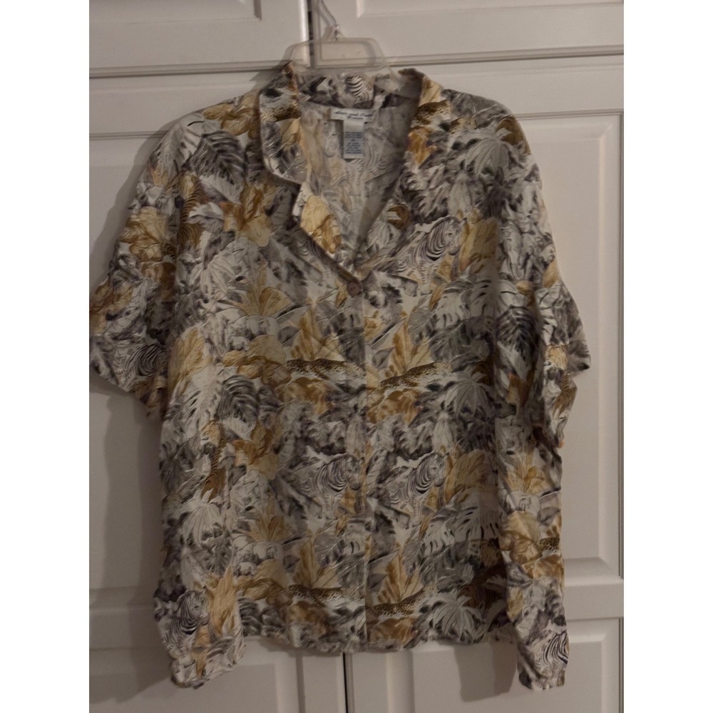 Anna and Frank Woman 100% Silk Safari Jungle Print Button Down Shirt 3X